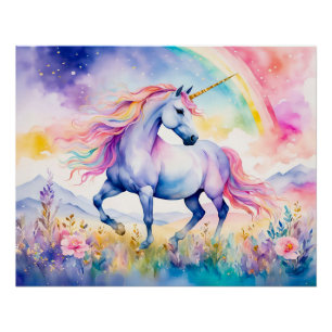 Einhorn-Wandern unter einem schimmernden Regenboge Poster