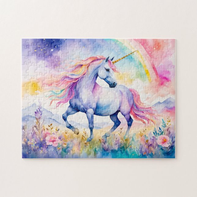 Einhorn-Wandern unter einem schimmernden Regenboge Puzzle (Horizontal)