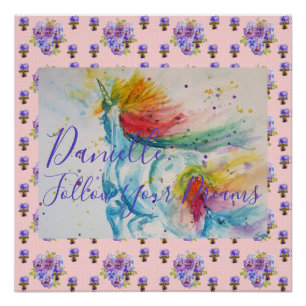 Einhorn-Wasserfarbe-Rosa-Blumen-Mädchen-Name-Decke Poster