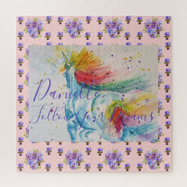 Einhorn-Wasserfarbe-Rosa-Blumen-Mädchen-Name-Decke Puzzle (Vertikal)