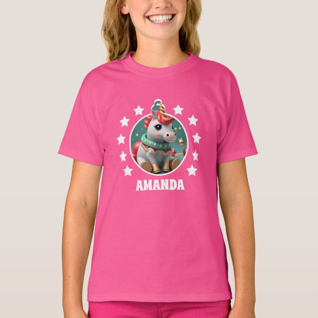 Einhorn Weihnachten Personalisiert Kids Pink T-Shirt (Vorderseite)