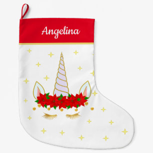 Einhorn, Weihnachtssterne-Blumen & Sterne auf Rot  Großer Weihnachtsstrumpf