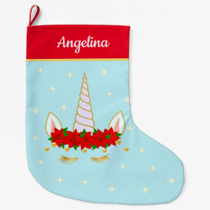 Einhorn, Weihnachtssterne und -blumen auf Hellblau Großer Weihnachtsstrumpf