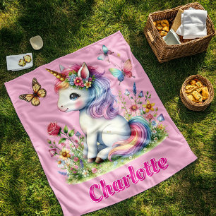 Einhorn-Wiese mit rosa Glitter-Wildblumen  Fleecedecke