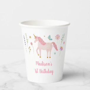 Einhorn-Wiese Pastellrosa Gold Geburtstag Pappbecher