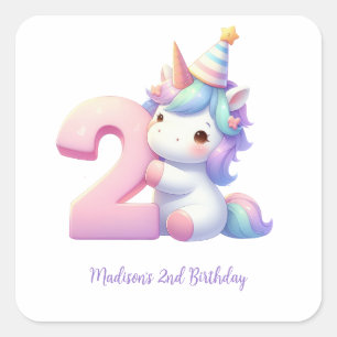 Einhorn zum 2. Geburtstag personalisiert Quadratischer Aufkleber