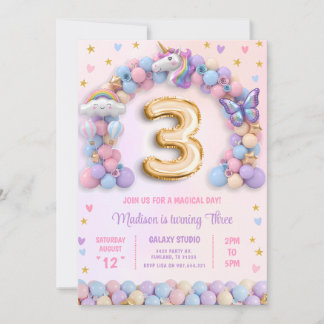 Einhorn zum 3. Geburtstag mit Pastellregenbogen Einladung