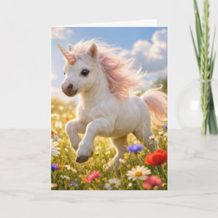 Einhorn zum Geburtstag läuft auf einem Feld mit Wi Karte