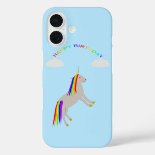 Einhorn zum Geburtstag mit Regenbogen und Wolken iPhone 16 Hülle