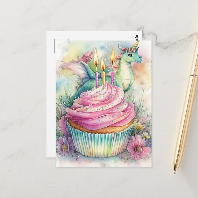 Einhorndrache mit Cupcake und Blumen Postkarte (Vorderseite/Rückseite Beispiel)