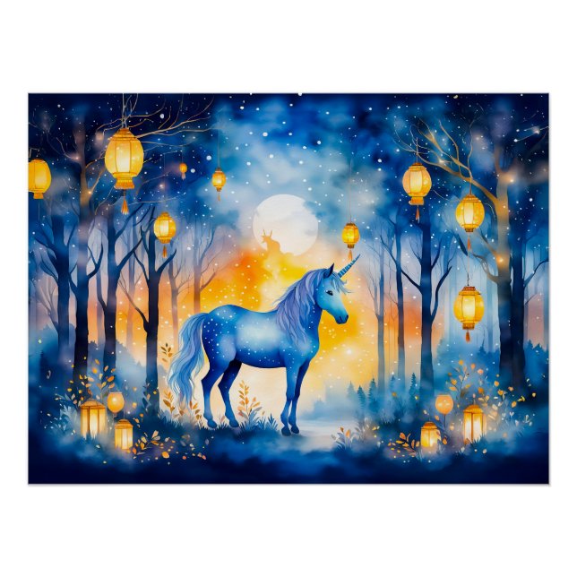 Einhorndrucke unter goldener Laterne Poster (Vorderseite)