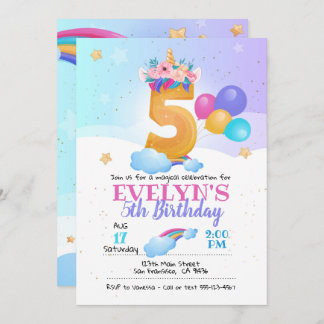 Einhorneinladung, Unicorn 5. Geburtstag Einladung