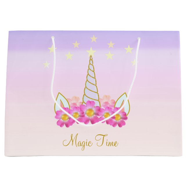 Einhornende Blume und Sterne Große Geschenktüte (Vorderseite)