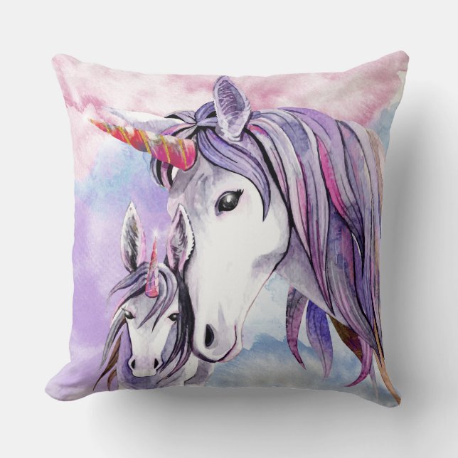 Einhornende Mama und Baby Lavender Whimsical Artwo Kissen (Vorderseite)