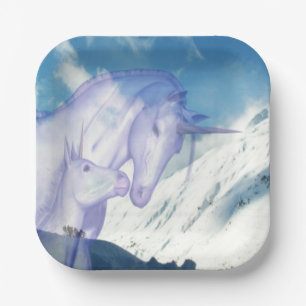 Einhornende Mama und ihr Baby auf dem Snowy Mounta Pappteller