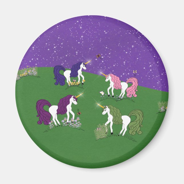 Einhörner im Feld unter Lila Cartoon Art Magnet (Vorne)