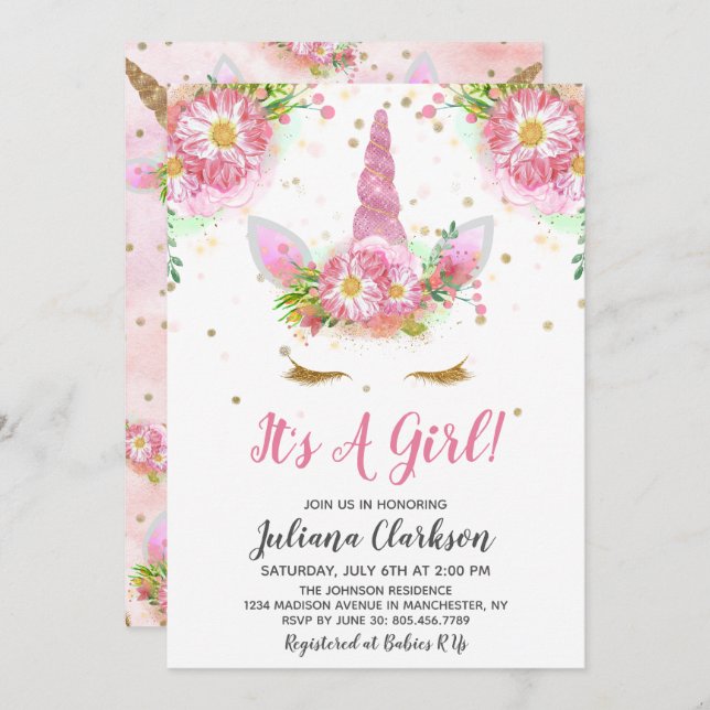 Einhörner in der Blütendusche Einladung (Vorne/Hinten)