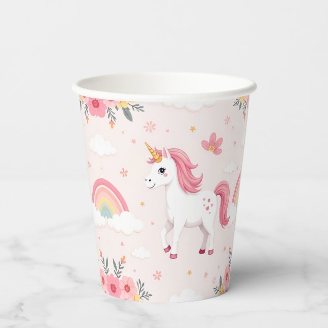 Einhörner, Regenbogen, Blume, Niedliches Party Pappbecher (Rückseite)
