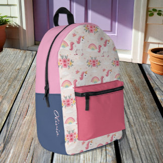 Einhörner, Regenbögen, Blumen, Name / Modern Bedruckter Rucksack