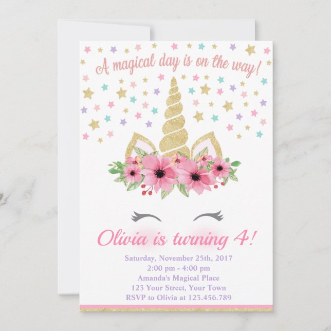 Einhorngeburtstag Einladung, Rosa und Gold Einladung (Vorderseite)
