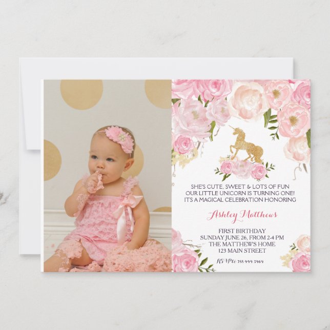 Einhorngeburtstag ERSTE Blumeneinladung, Einladung (Vorderseite)