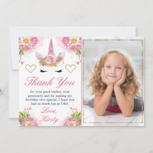 Einhorngesicht & Aquarellfarben Blume Foto Geburts Dankeskarte