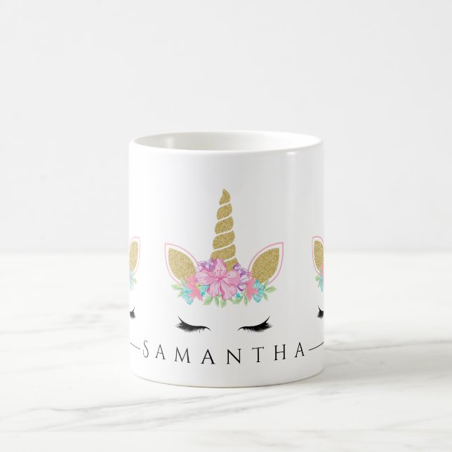 Einhorngesicht mit Augenbrauen Glitzer floral Kaffeetasse (Mittel)
