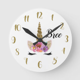 Einhornhorn Gold Glitter Florale Fantasie Maßanfer Runde Wanduhr