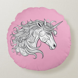 EinhornkopfZeichn (PINK BGRD) Rundes Kissen
