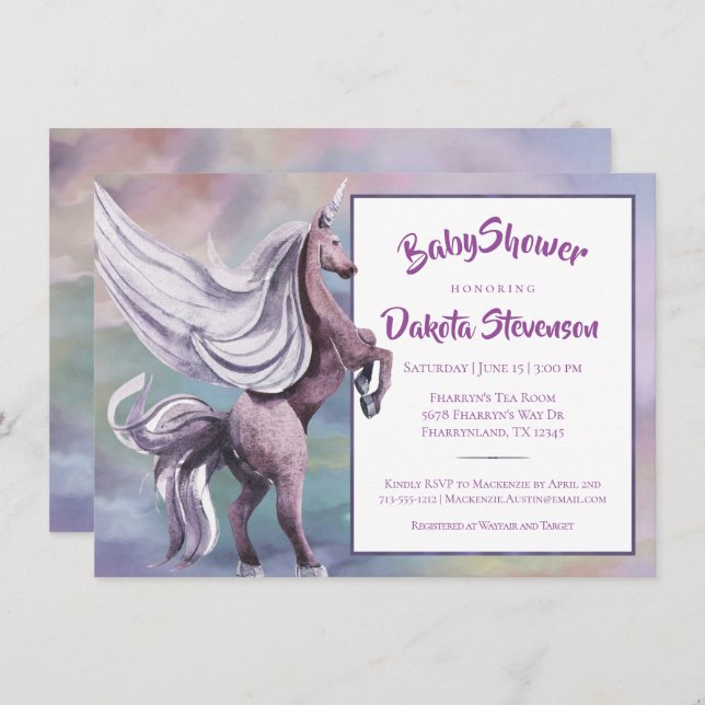 Einhornmagie | Farbenfrohe Pasta Fantasy Wasserfar Einladung (Vorne/Hinten)