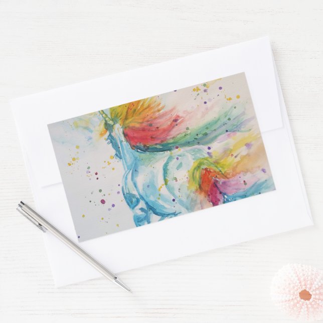 Einhornmalerei Aquarellmalerei Rainbow Art Rechteckiger Aufkleber (Umschlag)