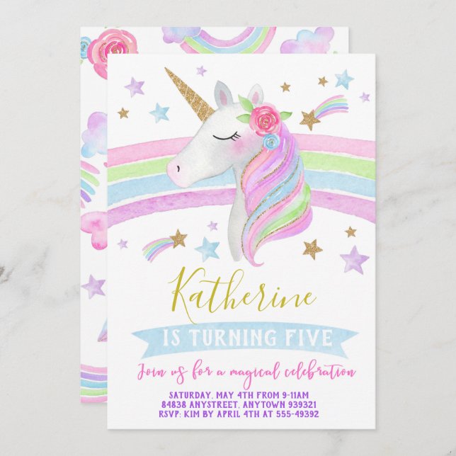 Einhornregenbogengeburtstags-Einladungs-Aquarell Einladung (Vorne/Hinten)