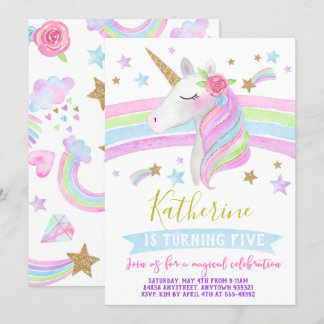 Einhornregenbogengeburtstags-Einladungs-Aquarell Einladung