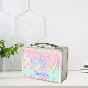 Einhornrosa Glitzer Tropfen Regenbogenfunkel Monog Metall Brotdose