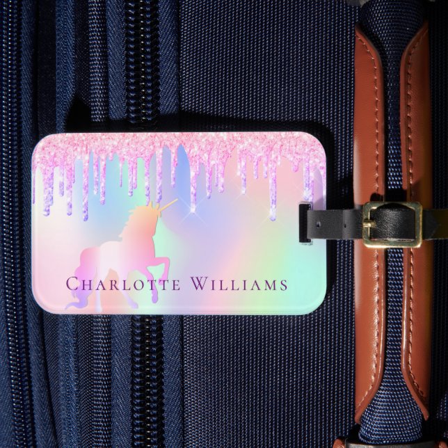 Einhornrötlich-rosa-holografischer Name Gepäckanhänger (Vorderseite Insitu 4)