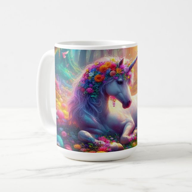 Einhornruhen in einem lebendigen verzauberten Wald Kaffeetasse (Vorderseite Links)