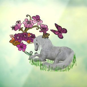 Einhornschmetterlinge und Blume Fensteraufkleber