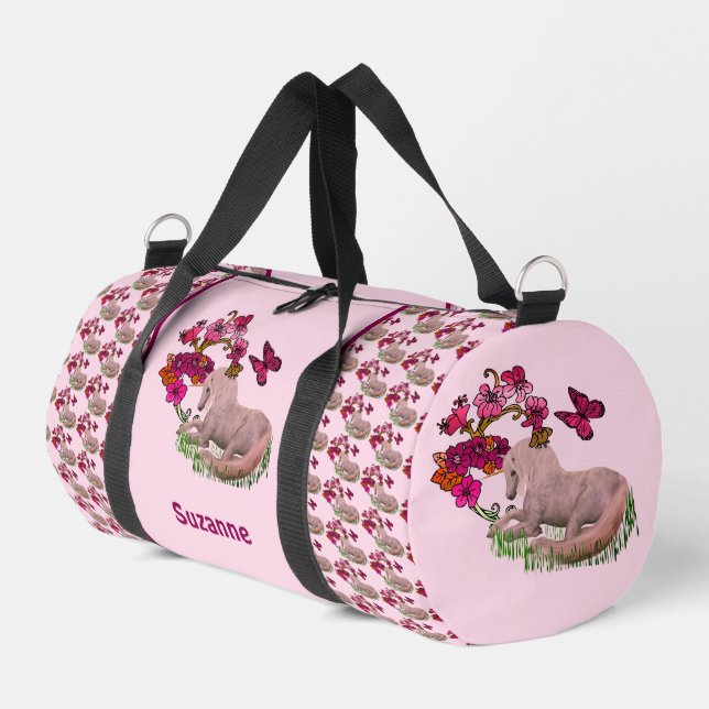 Einhornschmetterlinge und Blume Personalisiert Duffle Bag (Linke Seite)