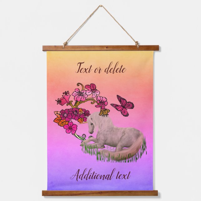 Einhornschmetterlinge und Blume Personalisiert Wandteppich Mit Holzrahmen (Vorderseite)