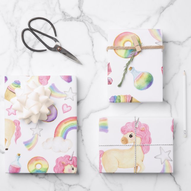 Einhornumhüllungspapier Set aus 3 Flachfolien Geschenkpapier Set (Vorderseite)