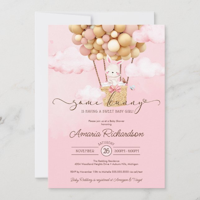 Einige Bunny Air Ballon Pink Cloud Girl Babydusche Einladung (Vorderseite)