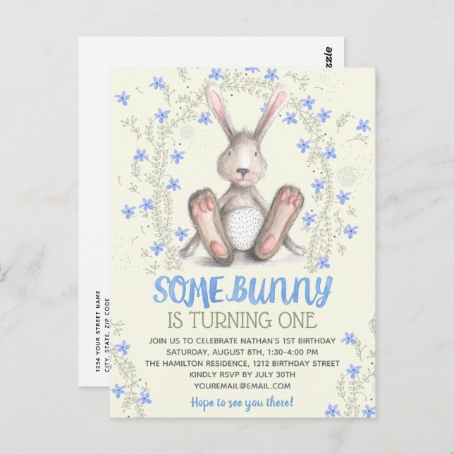 Einige Bunny Boys 1. Geburtstag Party Einladung Postkarte (Vorne/Hinten)