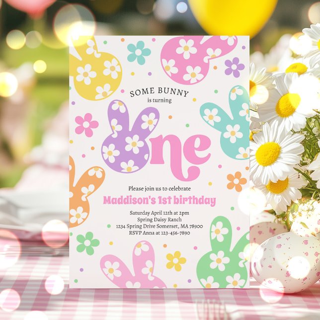 Einige Bunny Daisy Floral Pastel Frühling 1. Gebur Einladung (Von Creator hochgeladen)