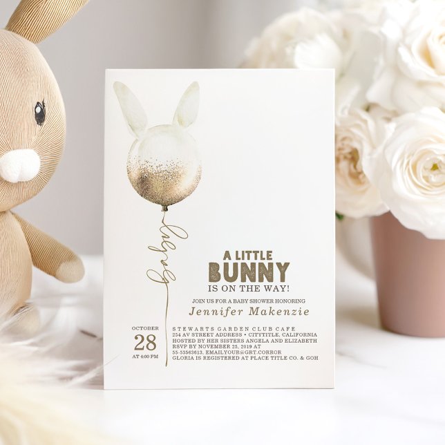 Einige Bunny Gold Ballon Elegante Spring Baby Dusc Einladung (A Little Bunny Brown Baby Shower Invitation)