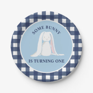 Einige Bunny ist One blue Gingham Birthday Pappteller