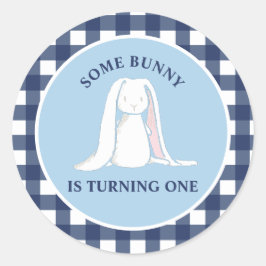 Einige Bunny ist One blue Gingham Birthday Runder Aufkleber