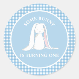 Einige Bunny ist One blue Gingham Birthday Runder Aufkleber