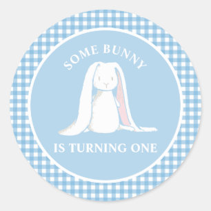 Einige Bunny ist One blue Gingham Birthday Runder Aufkleber