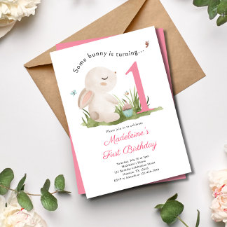 Einige Bunny ist One Girls Pink 1. Geburtstag Einladung