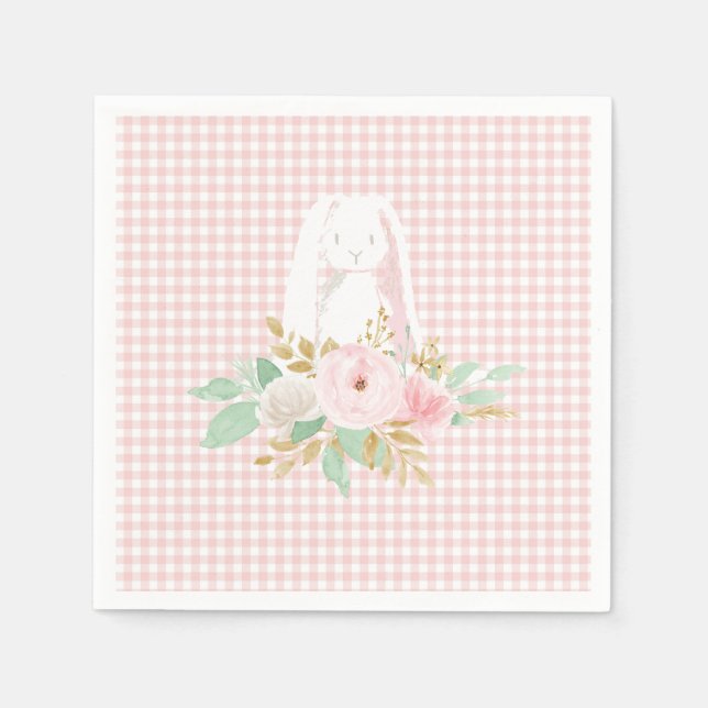 Einige Bunny ist One Pink Floral Gingham Geburtsta Serviette (Vorderseite)